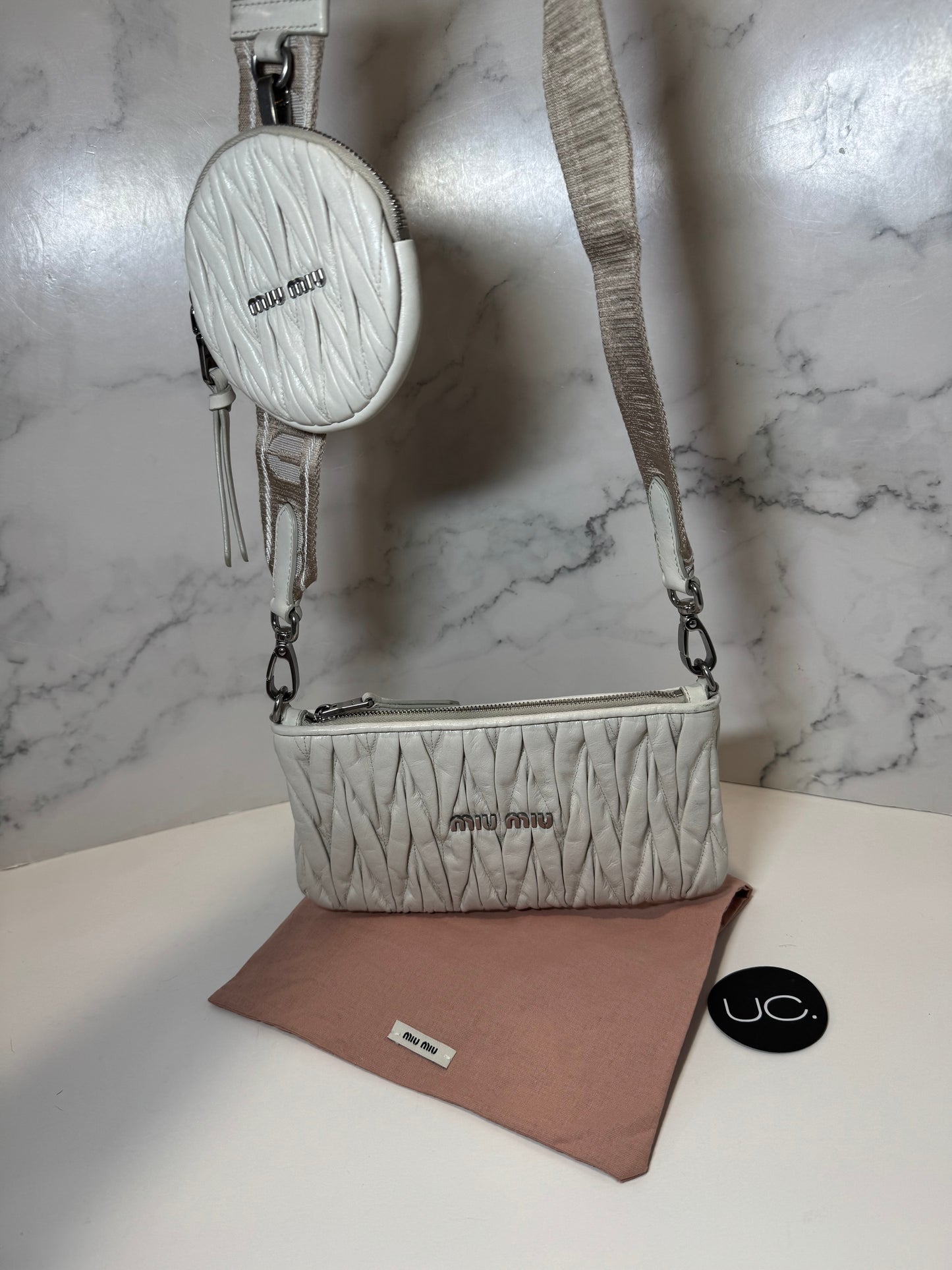 Miu Miu Quilted Matelasse Clutch Crossbody Bag with Logo Strap, Ivory