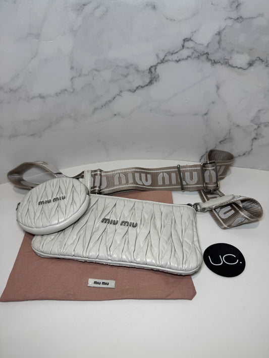 Miu Miu Quilted Matelasse Clutch Crossbody Bag with Logo Strap, Ivory