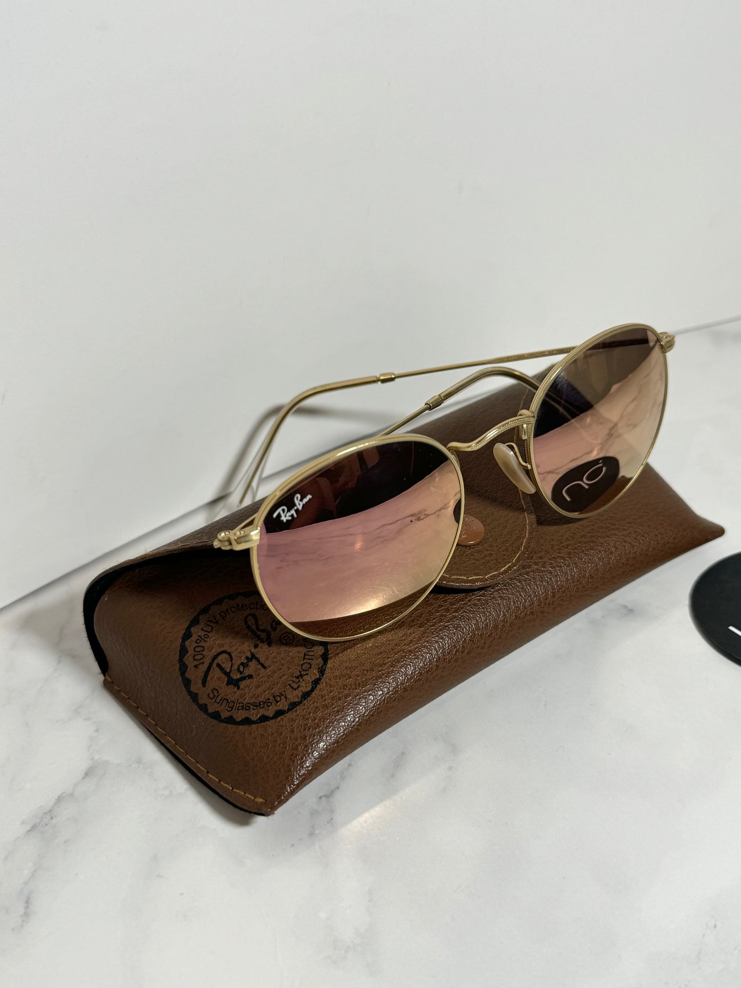 Ray-Ban Round Aviator Sunglasses, Pink Lenses, With Case